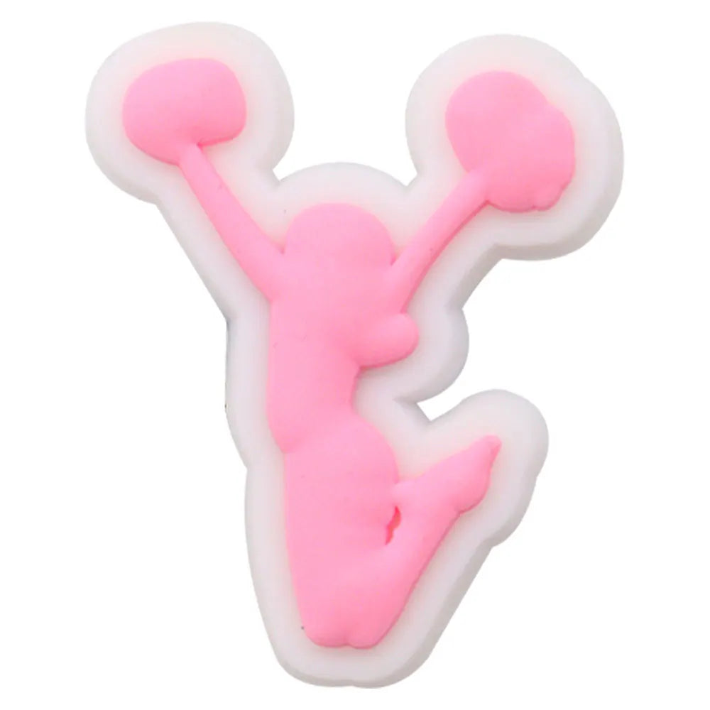 Pink silicone shoe charm set shaped like a woman with raised arms and legs