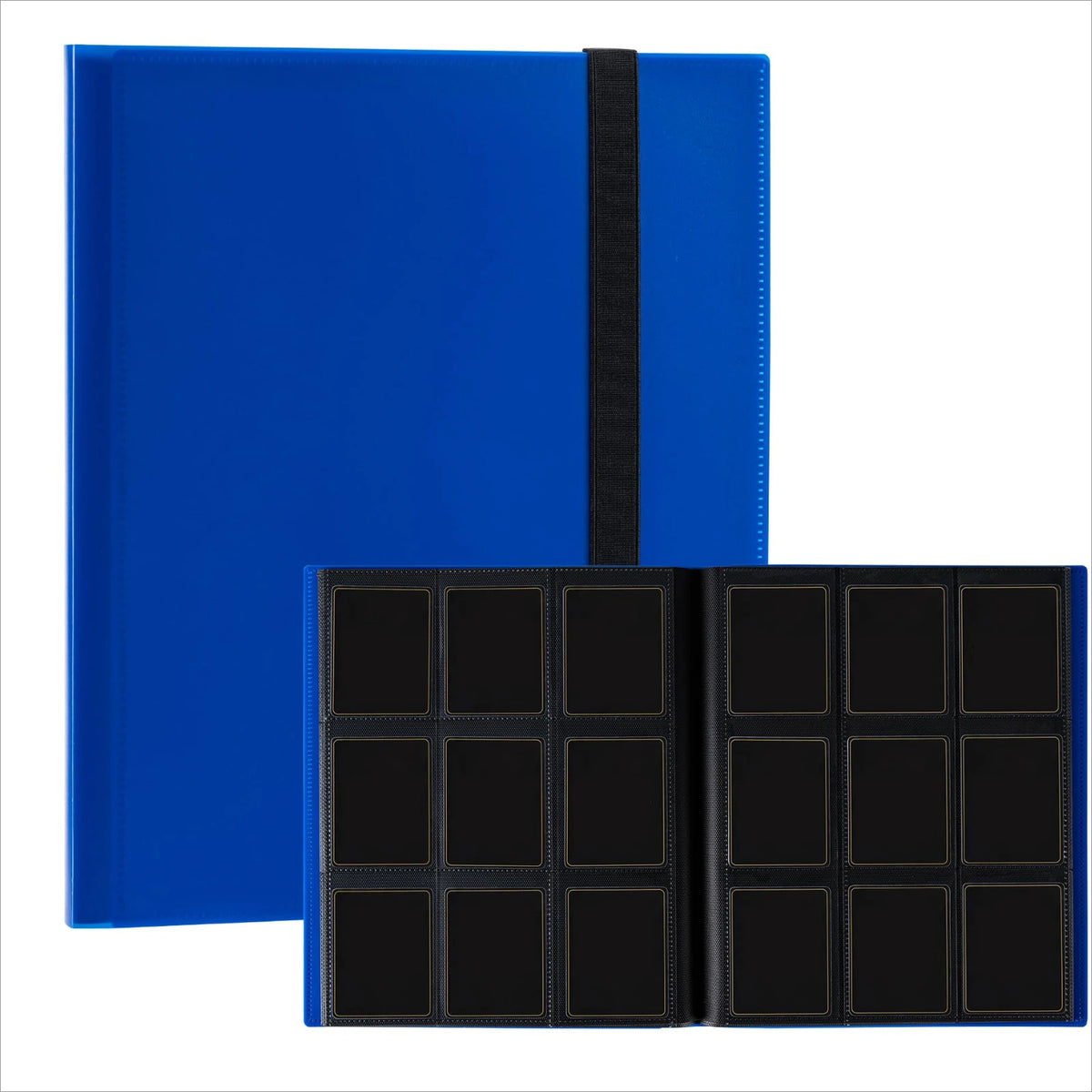Un archivador azul con lomo negro y múltiples bolsillos negros para cartas coleccionables.