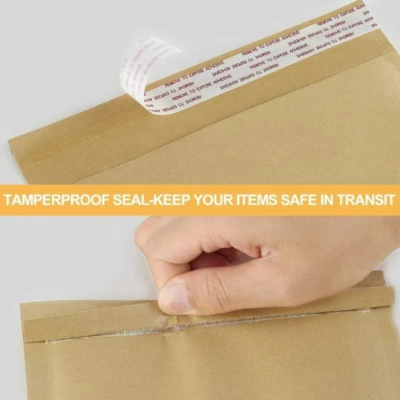 A hand is sealing a kraft paper bubble mailer with a clear tamperproof seal.
