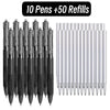 A set of ten black fine point ballpoint pens with fifty refills displayed in a row.