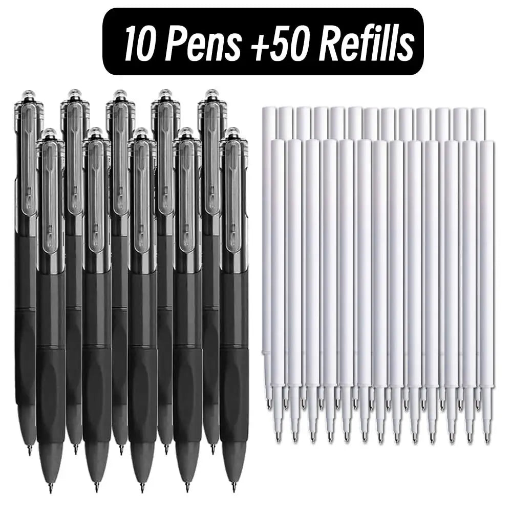 A set of ten black fine point ballpoint pens with fifty refills displayed in a row.