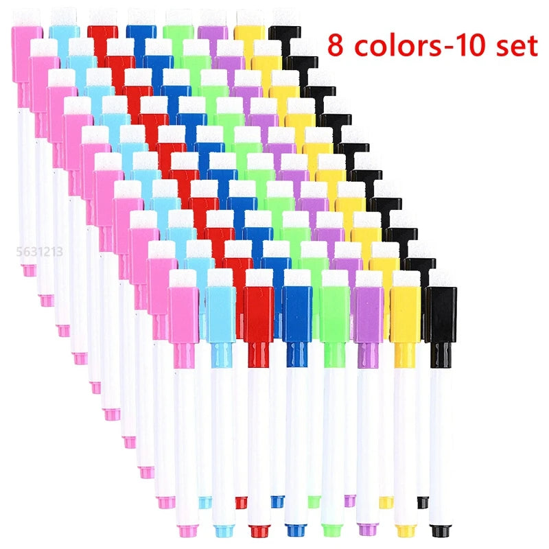 A set of ten dry erase markers in eight colors arranged in a diagonal line.