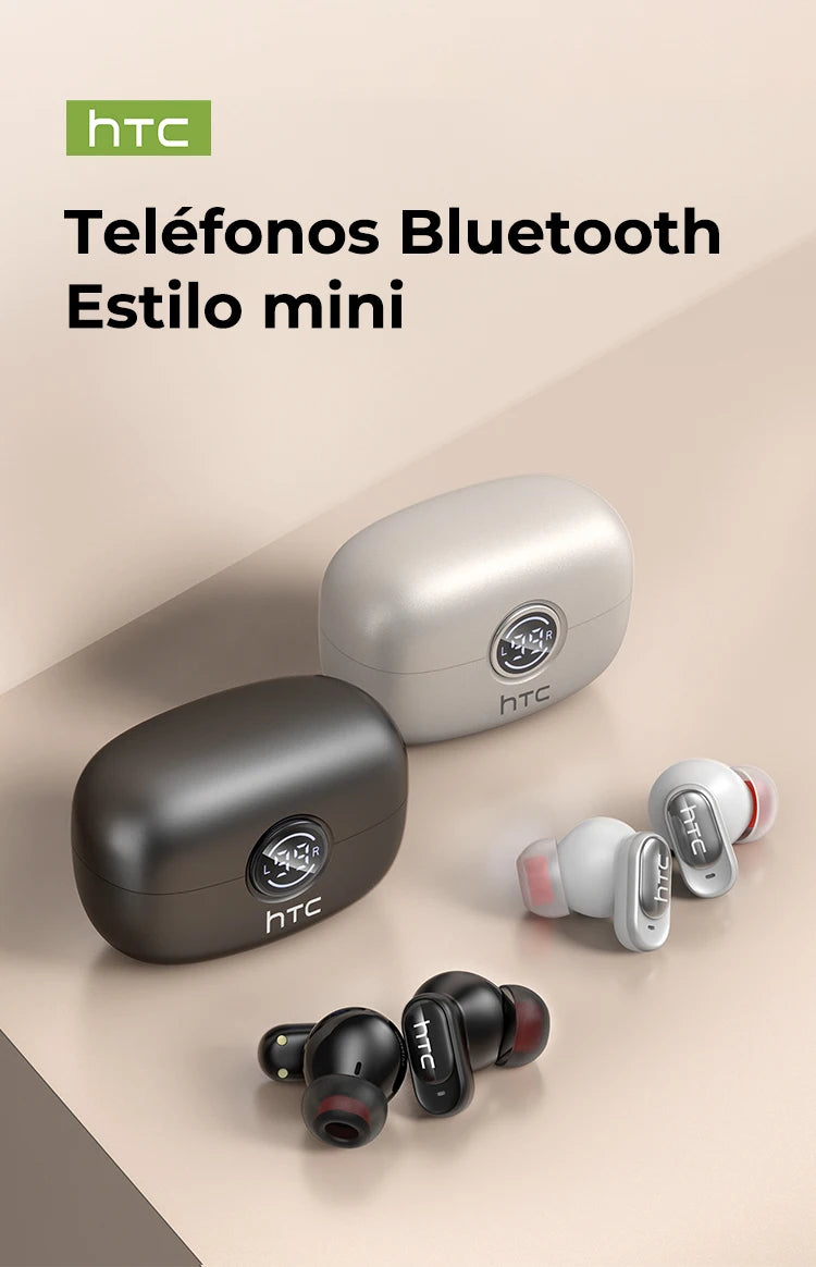 A set of mini Bluetooth headphones and earbuds from HTC displayed on a light background.