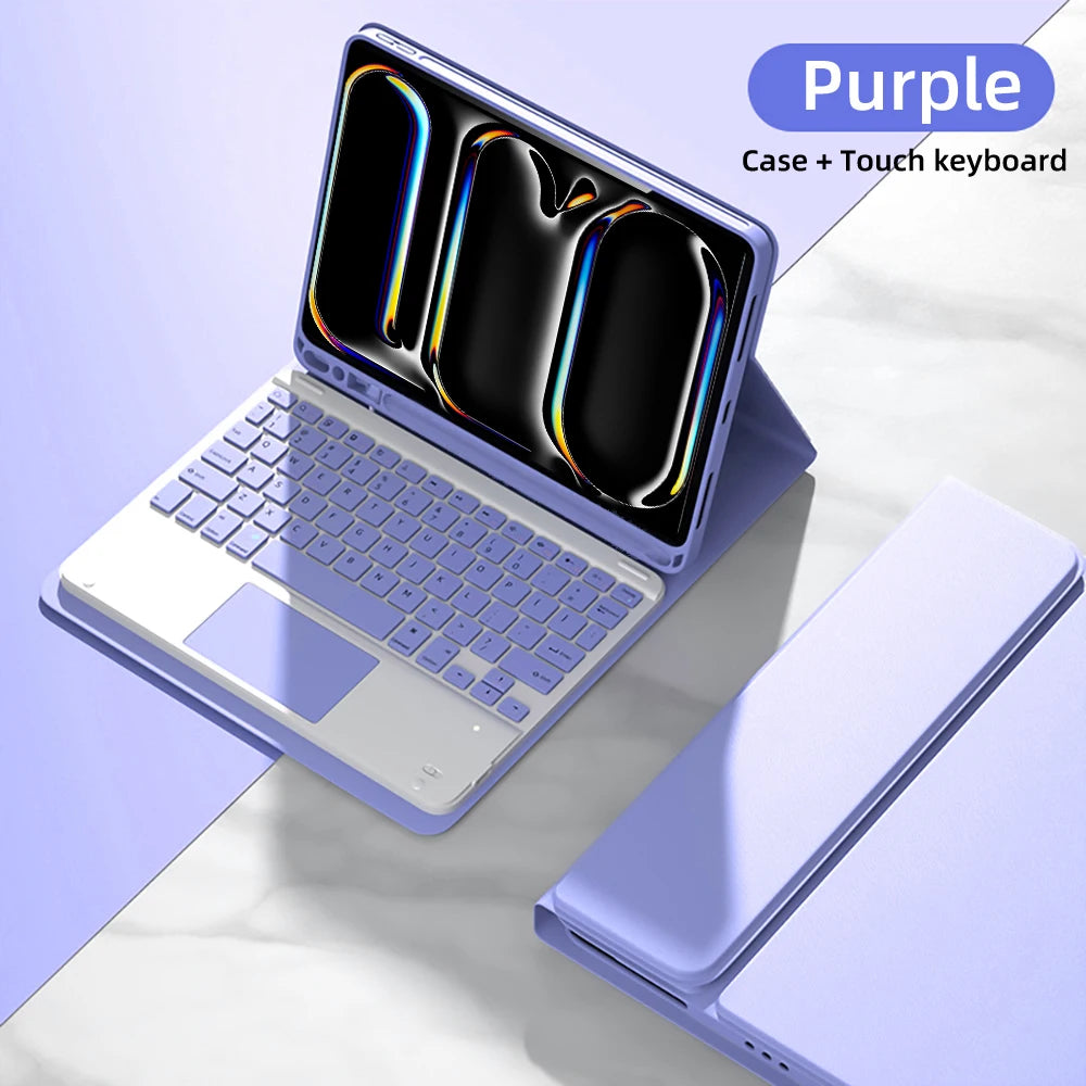 Purple magnetic keyboard case and touch keyboard for an iPad Pro 11-inch tablet.