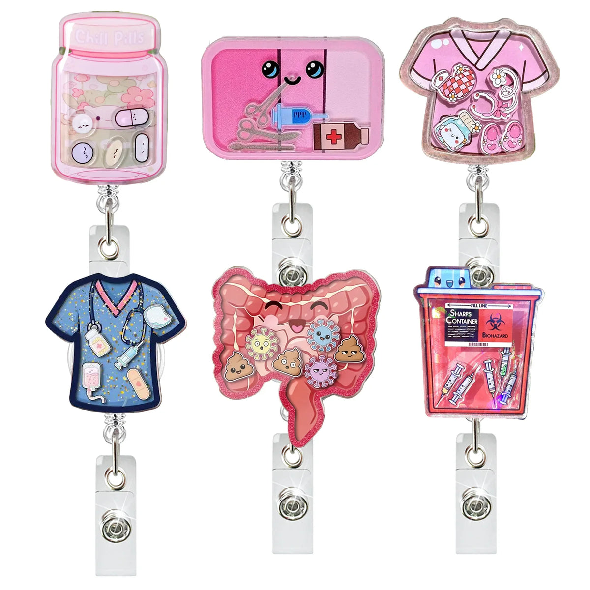 A set of pink and purple anime-themed badge reels featuring large intestine designs for healthcare workers