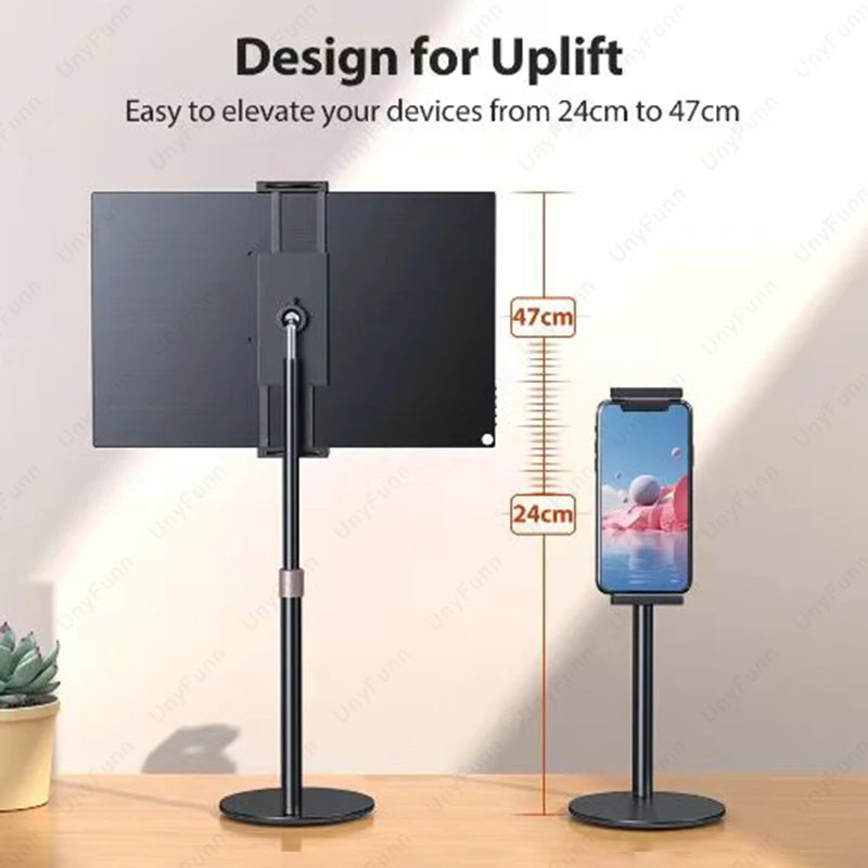 A black adjustable desktop monitor stand is shown with a monitor elevated from 24cm to 47cm.