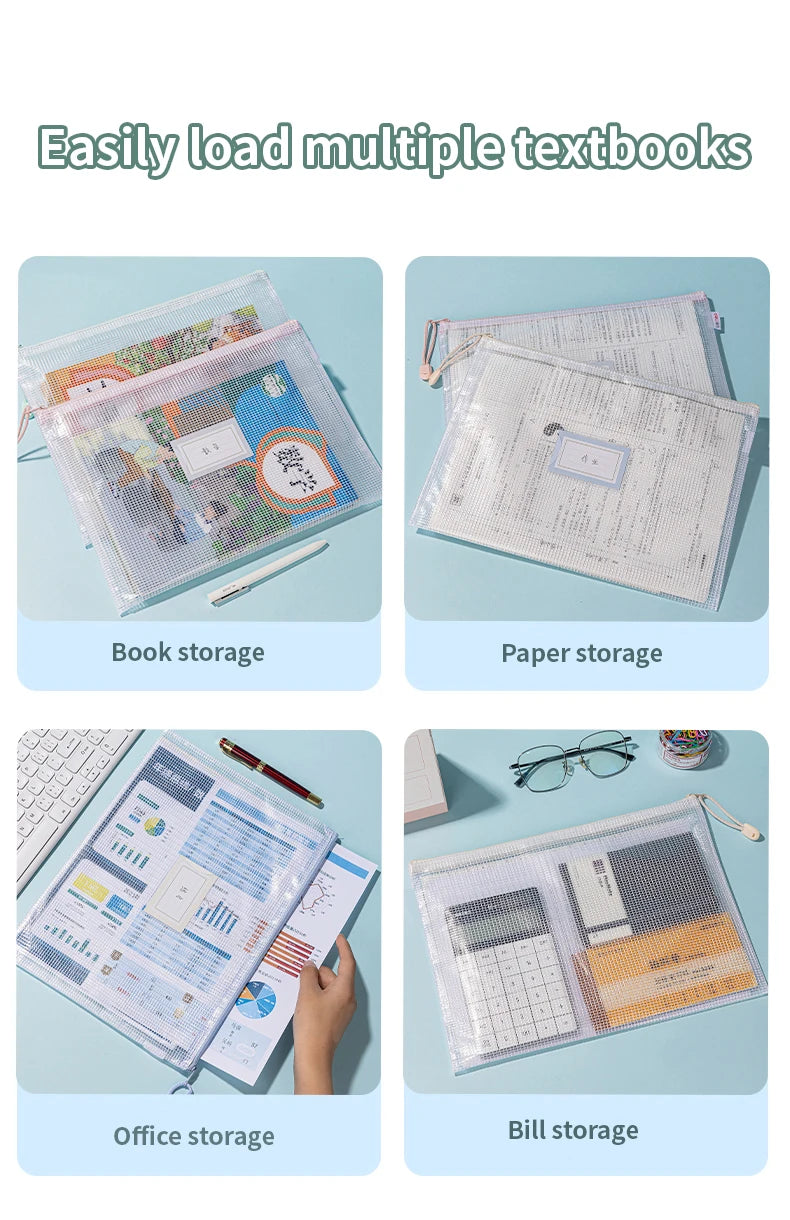 A set of five mesh zipper document bags used for various storage purposes including book, paper, office, and bill storage.