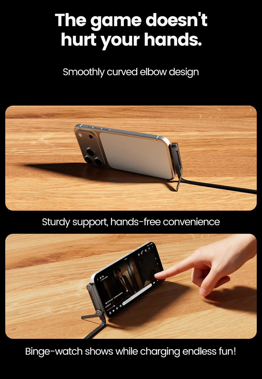 A close-up of a smartphone being charged using a smooth, curved elbow design cable.