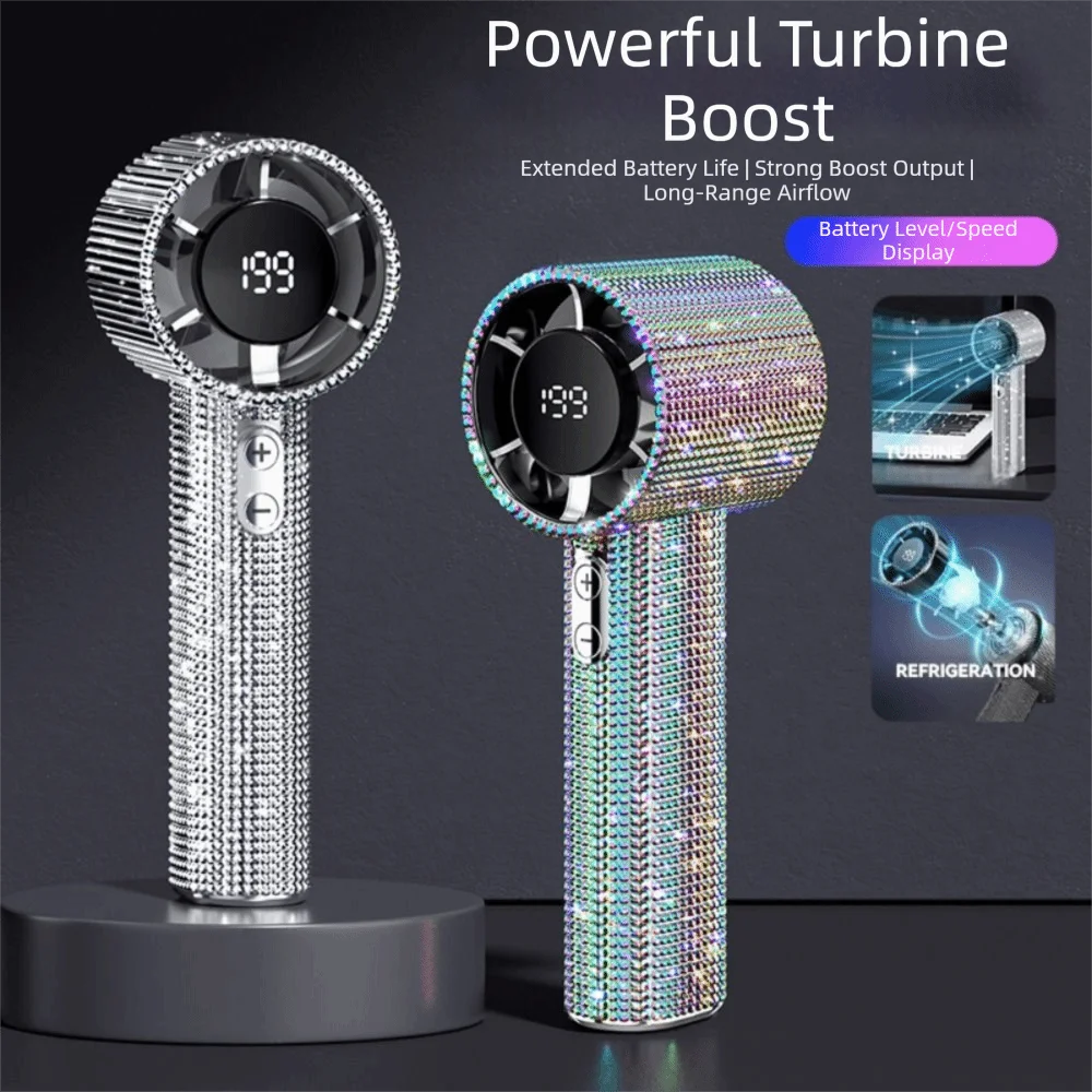 A silver and iridescent mini portable LED turbine fan with a digital display is shown on a dark background.