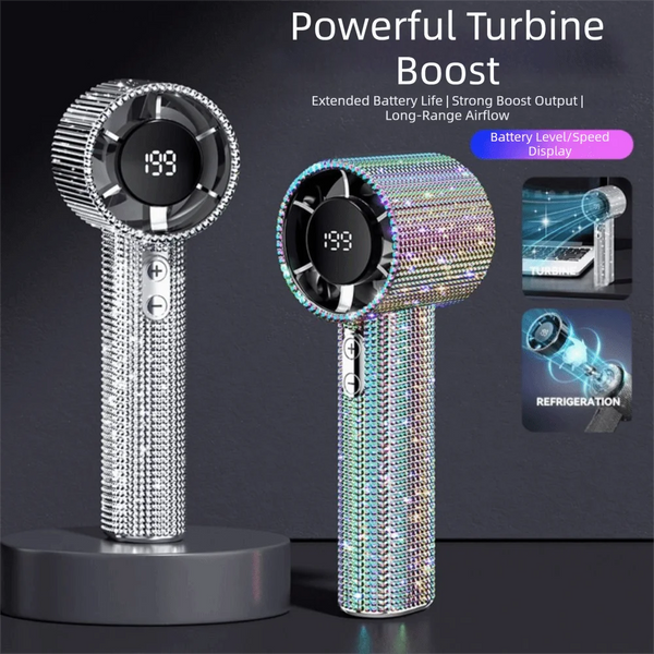 A silver and iridescent mini portable LED turbine fan with a digital display is shown on a dark background.
