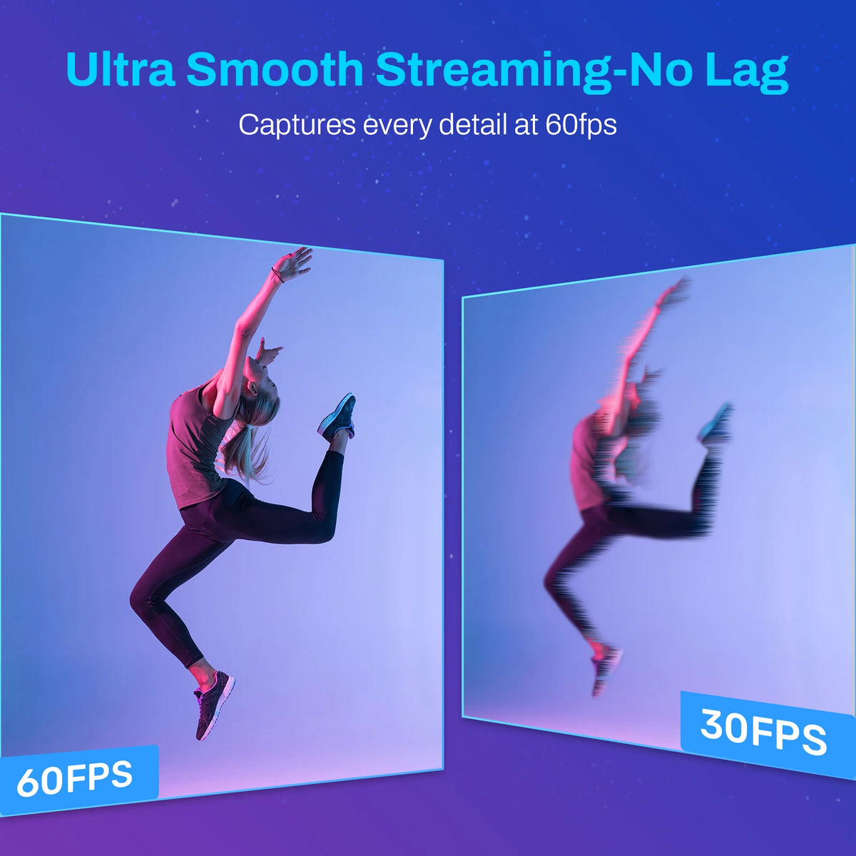 A visual comparison showing smooth streaming at 60fps and 30fps with a person performing an athletic movement.