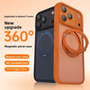 An orange magnetic pivot case for an iPhone 17 series phone, showing a 360-degree rotatable stand feature.