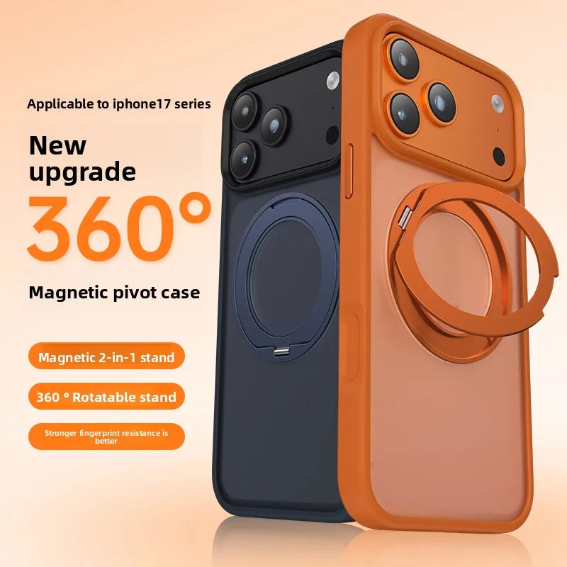 An orange magnetic pivot case for an iPhone 17 series phone, showing a 360-degree rotatable stand feature.