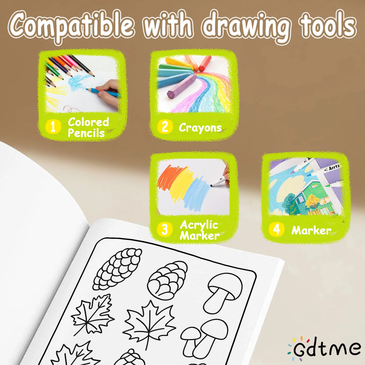 Set of four drawing tools including colored pencils, crayons, acrylic marker, and marker for an adult coloring book