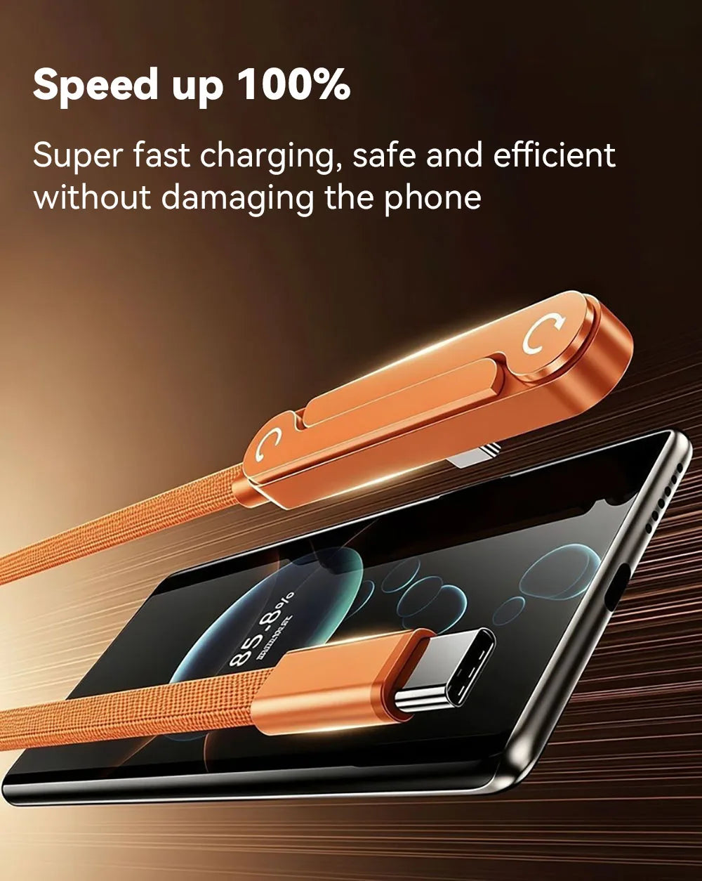 A close-up of a copper-colored fast charging cable with an integrated stand being used to charge a smartphone.