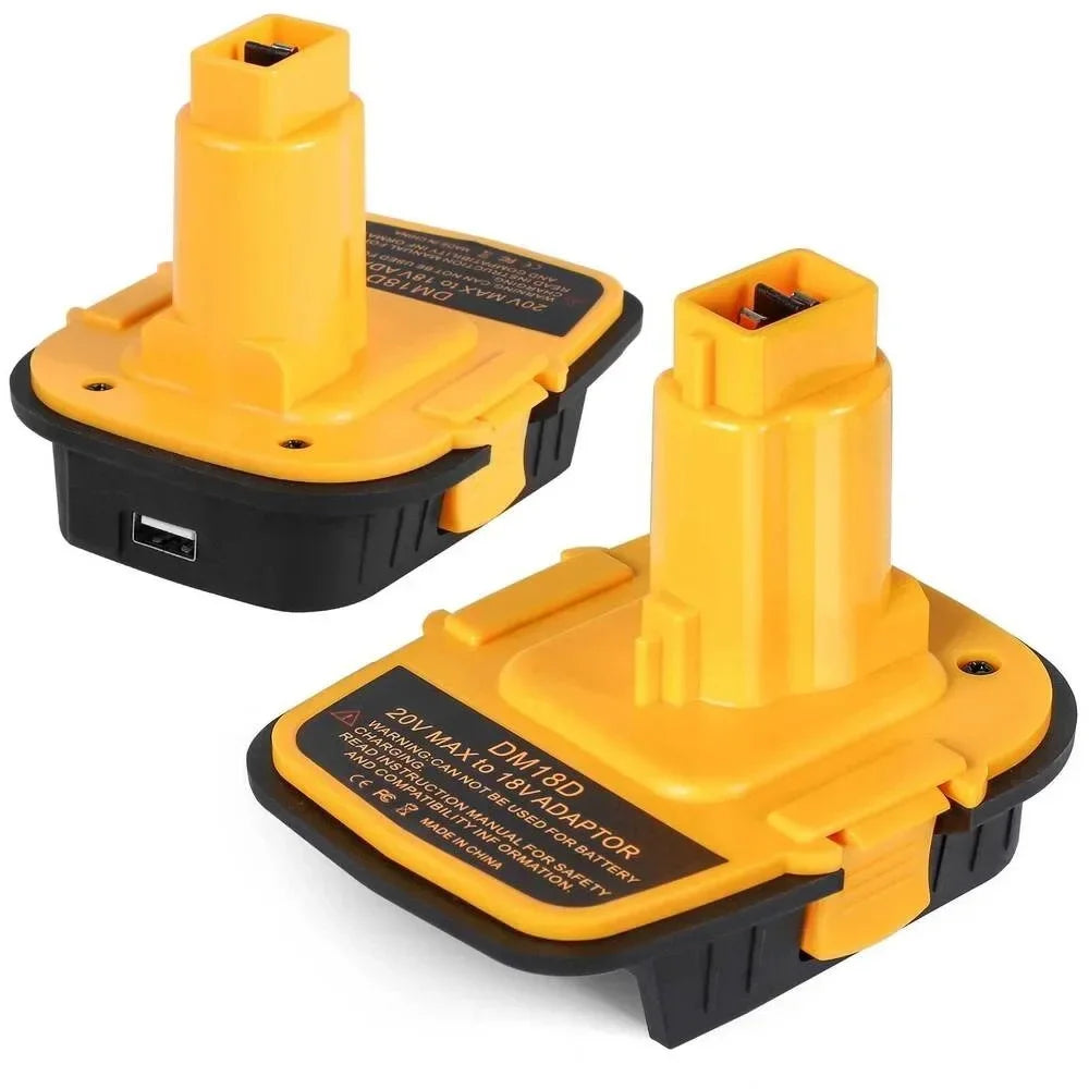 Adaptador de conversión de batería amarillo con carcasa negra y conector para herramientas eléctricas.