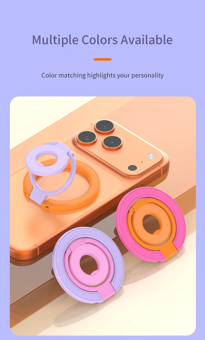 Multiple colored MagSafe phone ring holder stands displayed on a peach-colored smartphone.