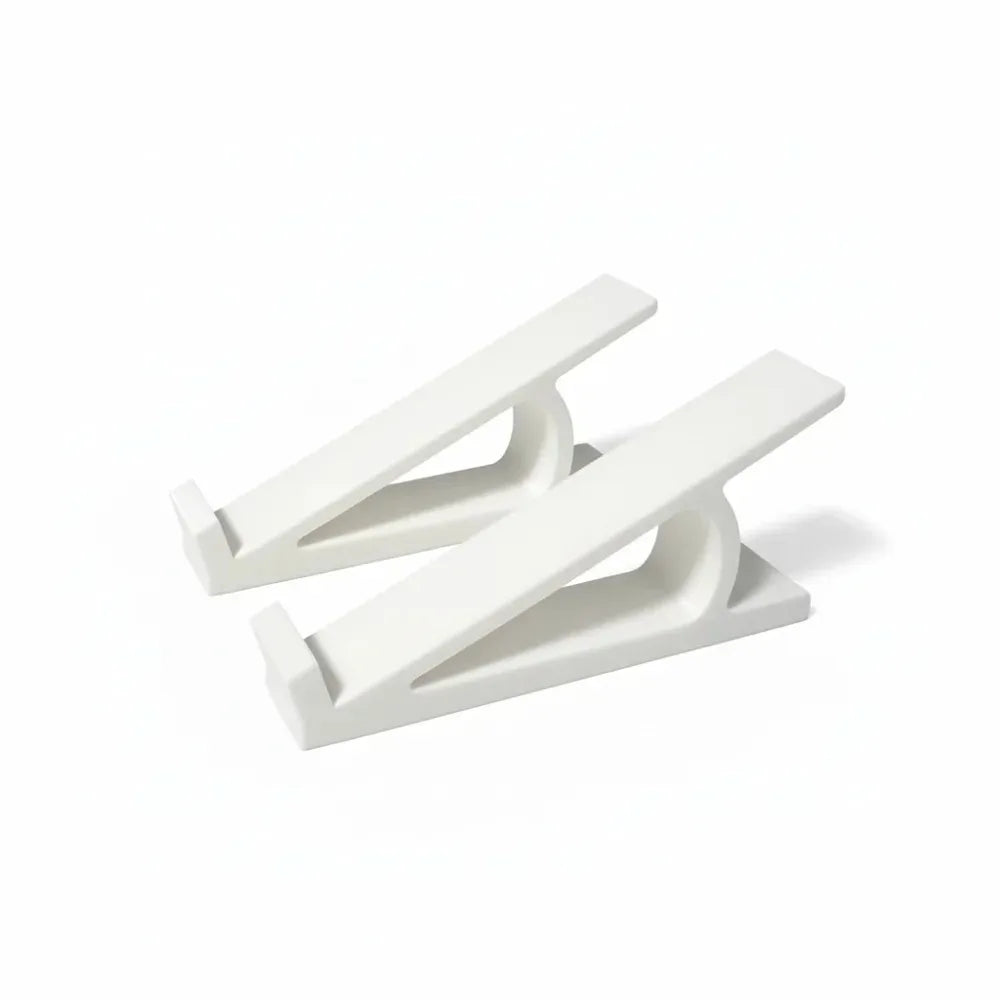 A white ergonomic keyboard height adjuster stand with two adjustable arms.
