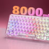 A transparent mechanical keyboard with RGB lighting is displayed next to text showing battery life and charging information.