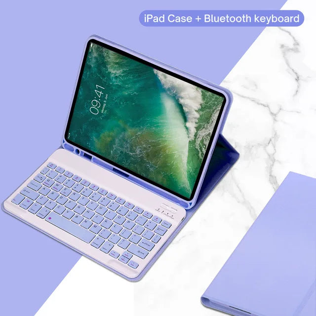 A purple iPad case with a Bluetooth keyboard is shown open, displaying a screen and the keyboard attached.