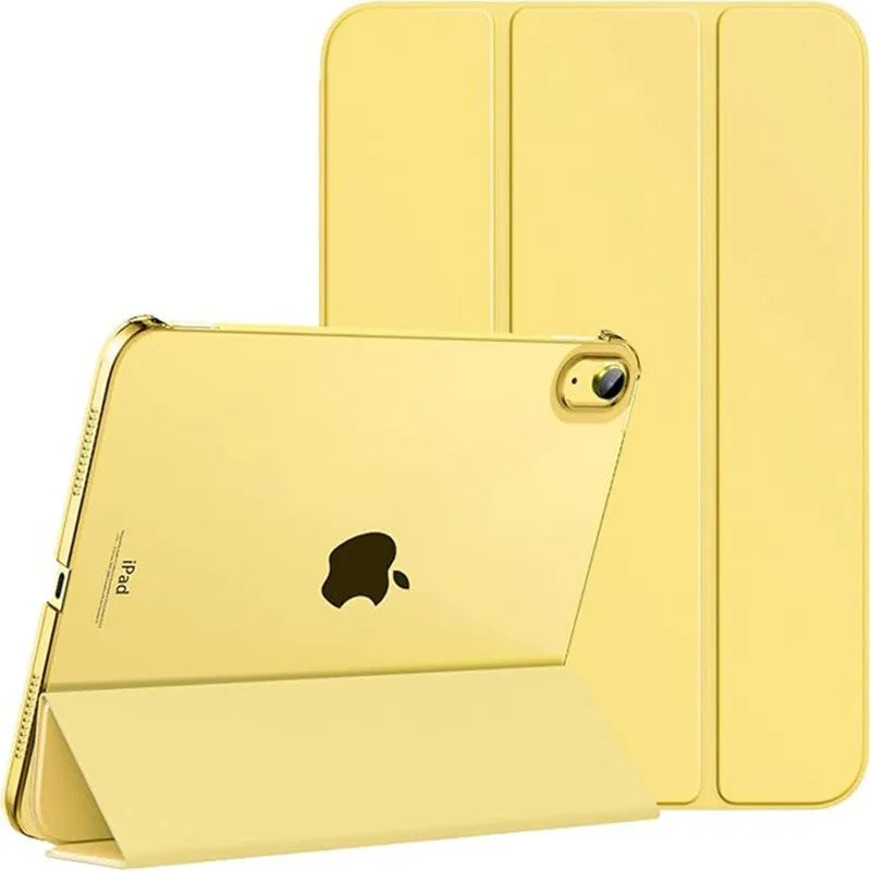 A gold slim stand case for an iPad showing the device and a separate protective cover.