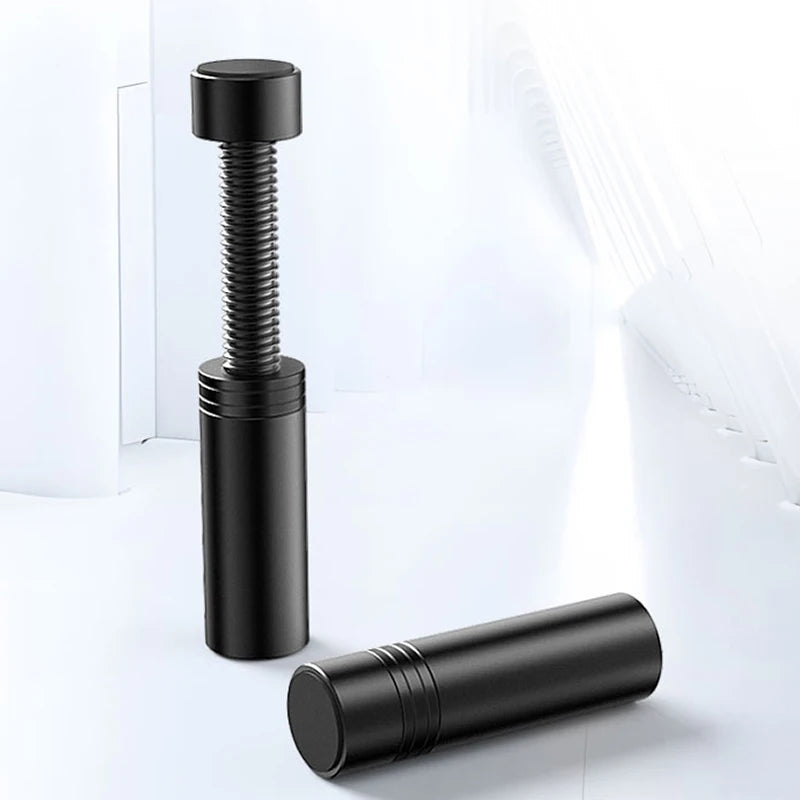 A black adjustable magnetic GPU support bracket shown in various forms, including a threaded rod and a cylindrical piece.