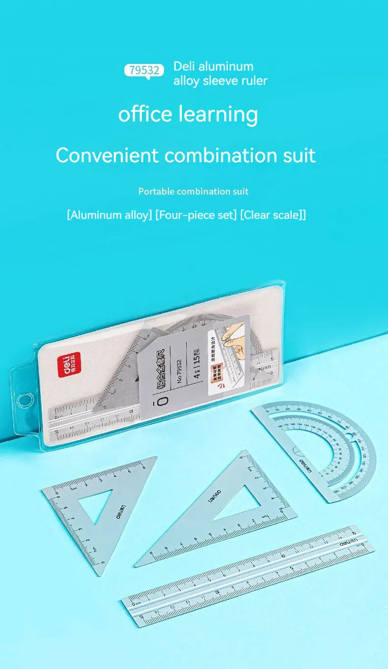 A set of four aluminum alloy drafting rulers and a sleeve ruler for office learning and combination suit.