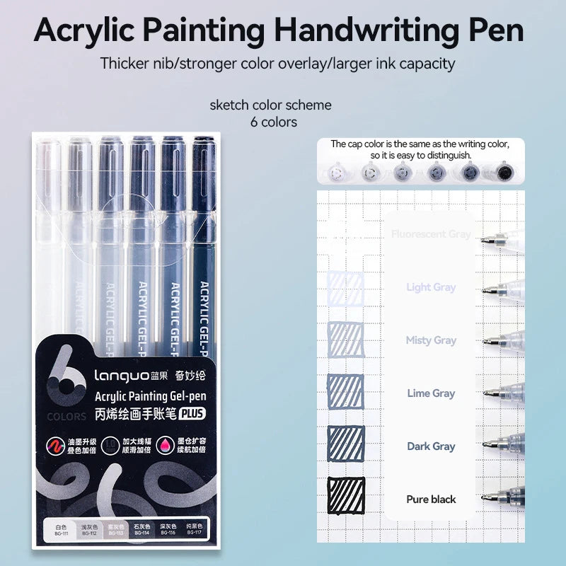 A set of Languo 90-Color Acrylic Gel Pens demonstrating various colors and ink capacities.