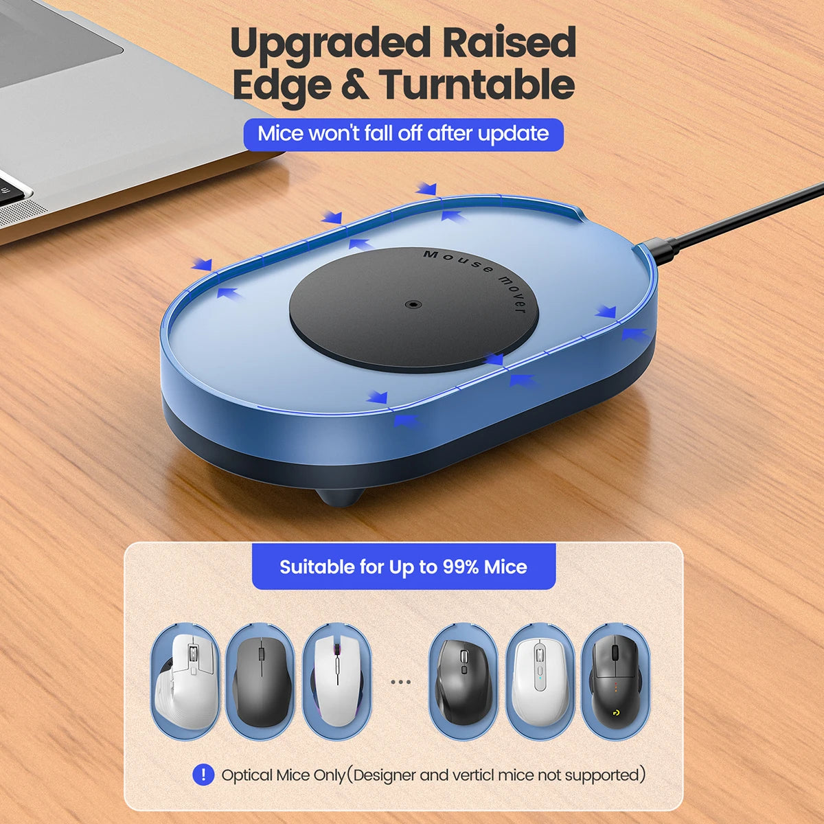 Ratón electrónico azul jinete diseñado para evitar que la computadora se apague, mostrado sobre una superficie de madera.