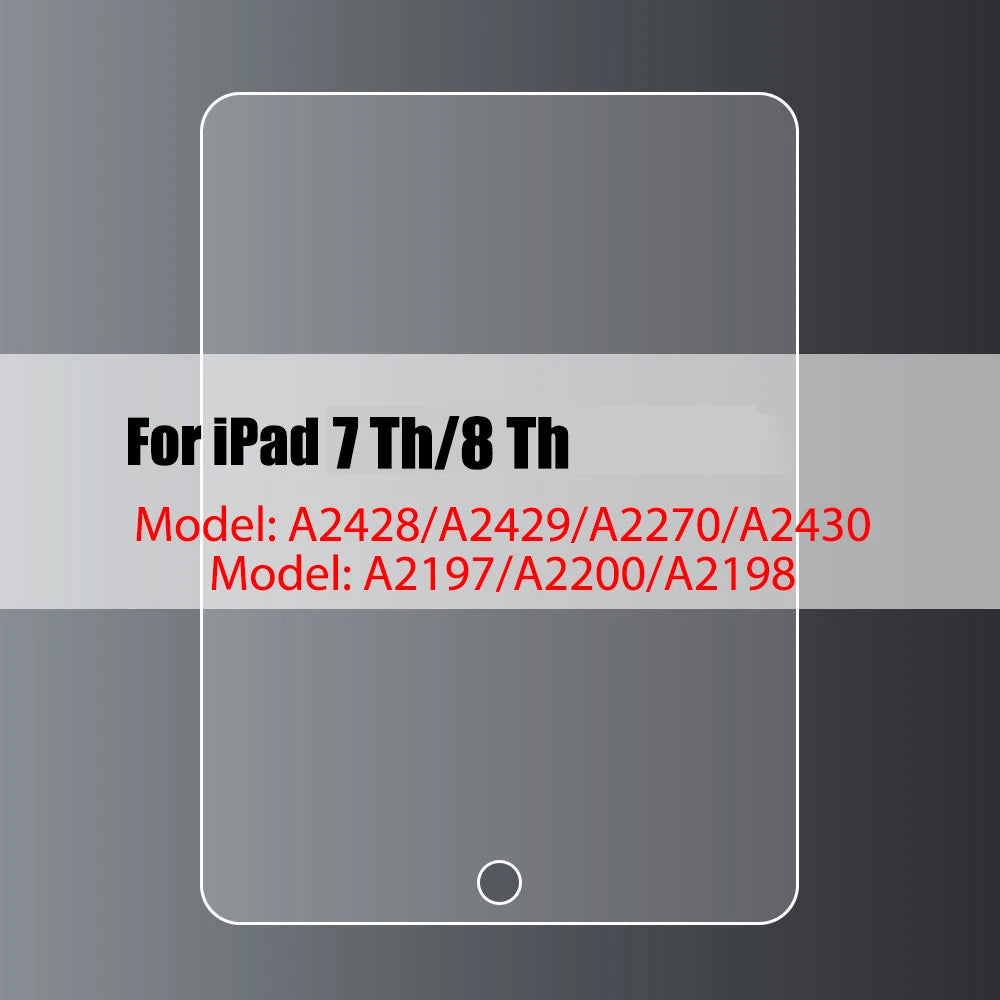 A transparent screen protector for an iPad 7th or 8th generation device.