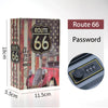 A wooden box with a Route 66 theme and a lock mechanism labeled Route 66 Password