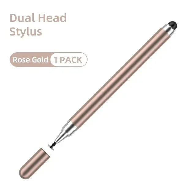Un bolígrafo stylus de doble cabeza en oro rosa, mostrado en diagonal contra un fondo blanco.