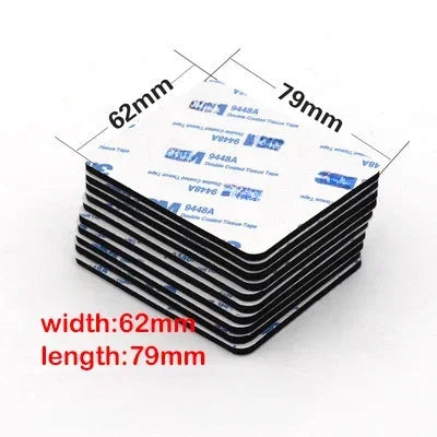 A stack of heavy duty double-sided foam mounting tape sheets with dimensions 62mm by 79mm.