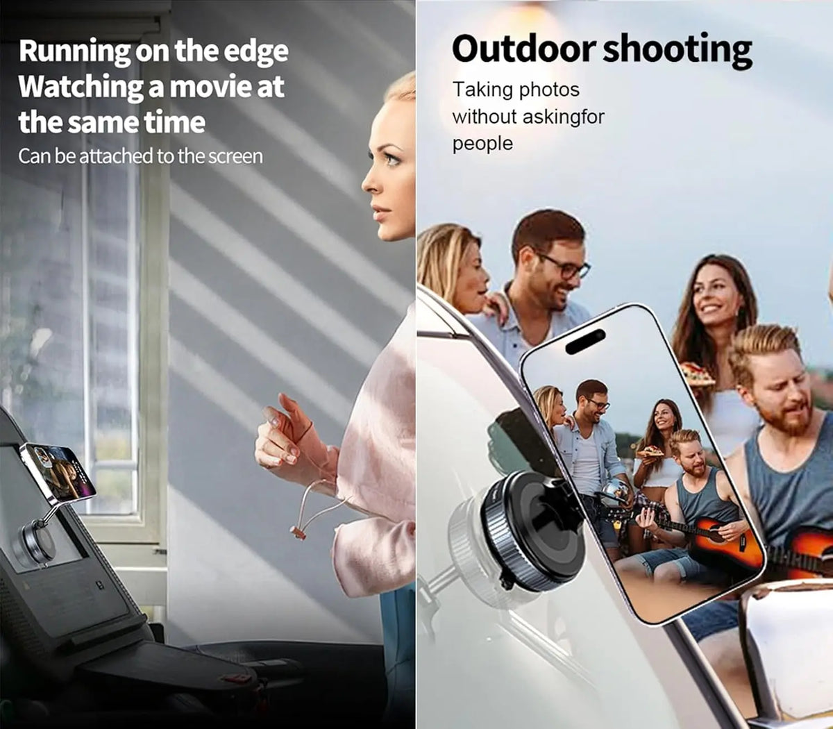 A woman is using a 360° magnetic wireless phone mount for car or desk while outdoors.