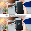 A hand holds a black slim leather wallet with RFID shielding protection and a card pop-up feature.