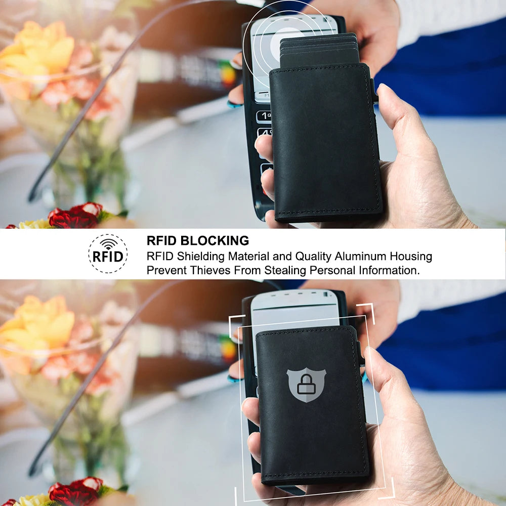 A hand holds a black slim leather wallet with RFID shielding protection and a card pop-up feature.