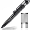 A black tactical self-defense pen with a textured grip and a glass breaker tip is shown diagonally.