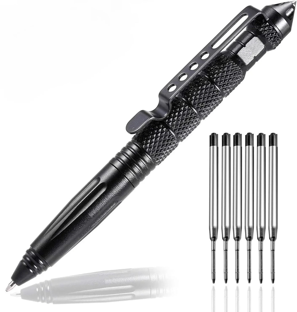A black tactical self-defense pen with a textured grip and a glass breaker tip is shown diagonally.