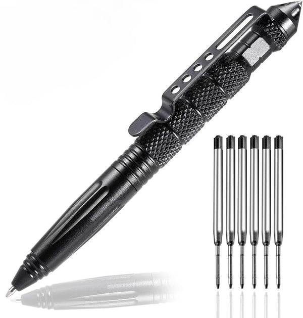 A black tactical self-defense pen with a textured grip and a glass breaker tip is shown diagonally.