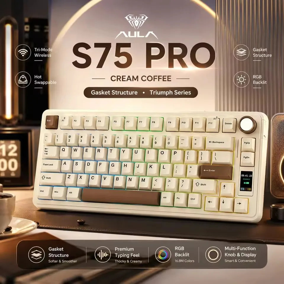 A white AULA S75 Pro mechanical keyboard with RGB backlight and gasket structure displayed on a dark surface.