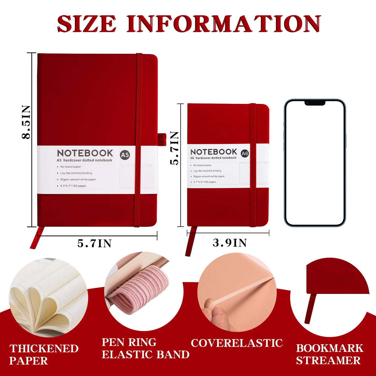 Red notebook with a leather cover and elastic band, showing various dimensions and features.