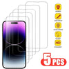 Five pieces of universal tempered glass screen protectors for mobile phones with various features like scratch resistance and