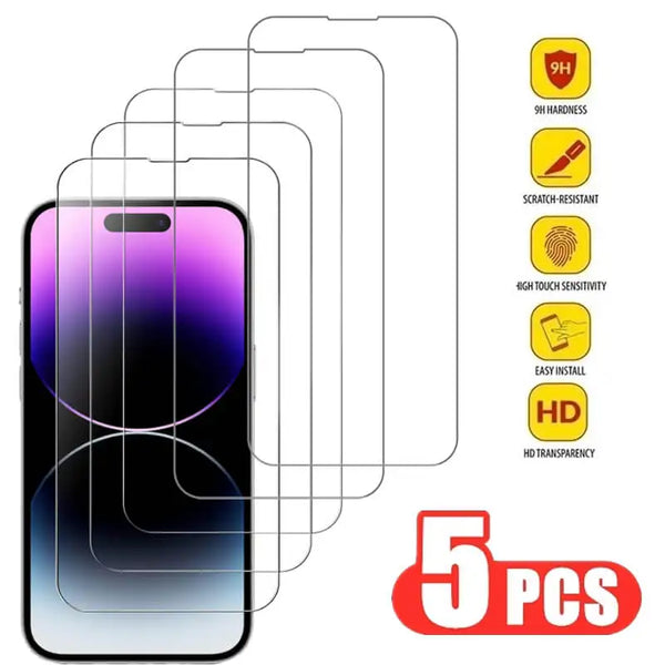 Five pieces of universal tempered glass screen protectors for mobile phones with various features like scratch resistance and