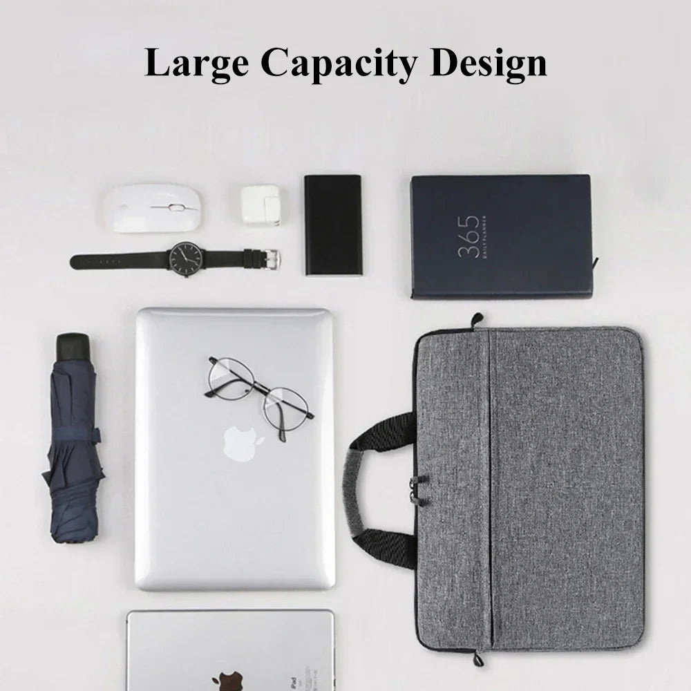 A large capacity design featuring a laptop, tablet, mouse, watch, and a padded messenger bag.