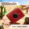A red smart Bluetooth label maker device is shown on a sandy background with cacti, next to a weight and label size indicator
