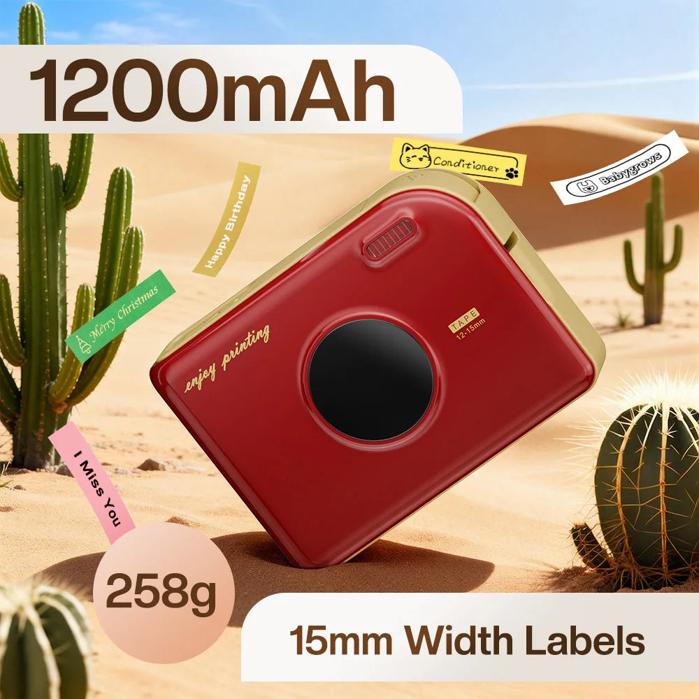 A red smart Bluetooth label maker device is shown on a sandy background with cacti, next to a weight and label size indicator