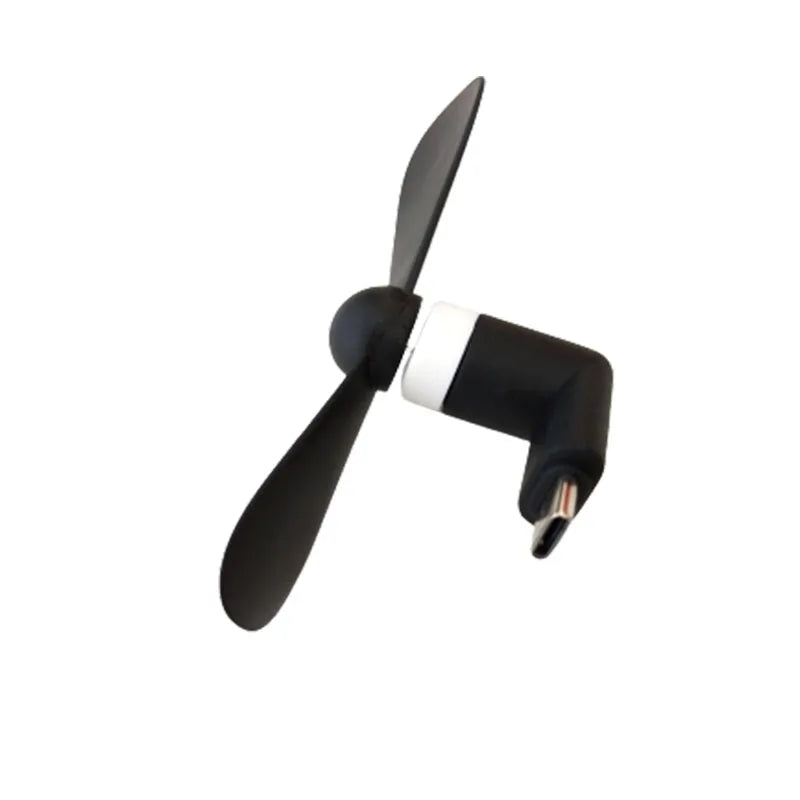 Ventilador portátil USB mini negro con acento blanco.