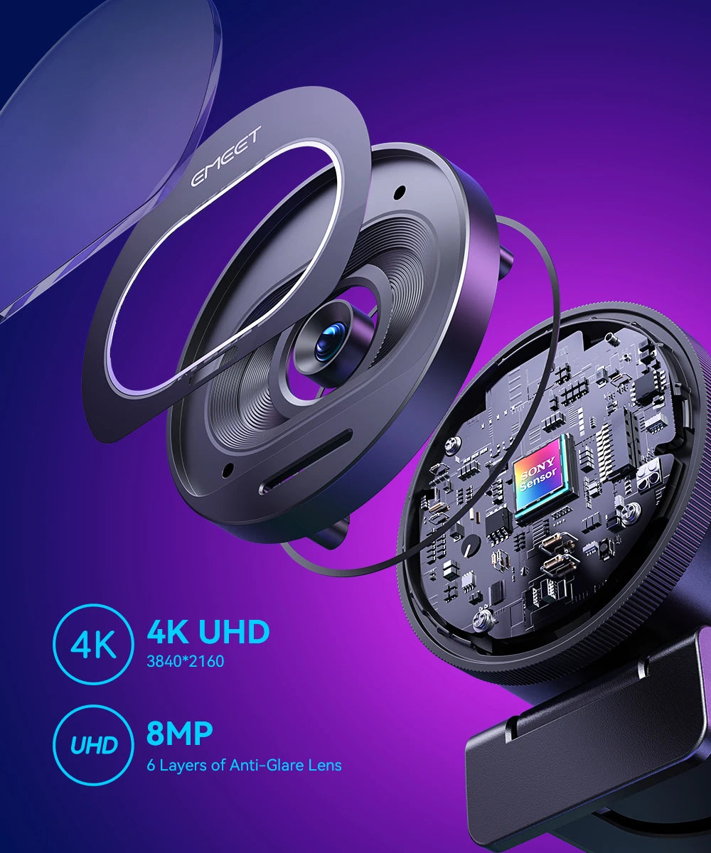 A close-up view of a black 4K UHD streaming webcam with an anti-glare lens and sensor visible.