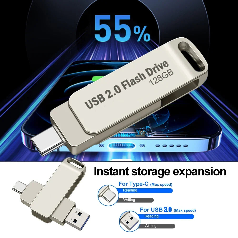 A silver USB 2.0 flash drive is shown connected to a laptop, demonstrating instant storage expansion for Type-C and USB 3.0 d
