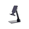 A black universal adjustable desk mount for phones and tablets.